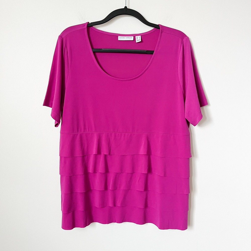 Susan Graver Liquid Knit Short Sleeve Tiered Ruffle Top Womens Large Pink